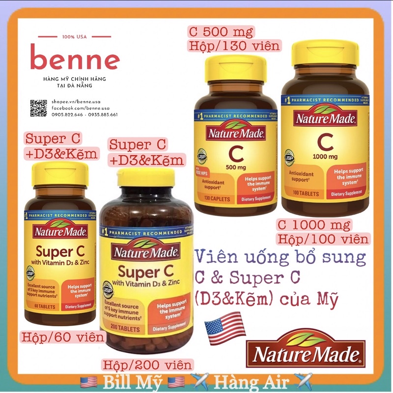 [🇺🇸Bill Mỹ] Viên Uống SUPER C &amp; VITAMIN C Nature Made của Mỹ - Giúp Sáng Da và Tăng Cường Hệ Miễn Dịch