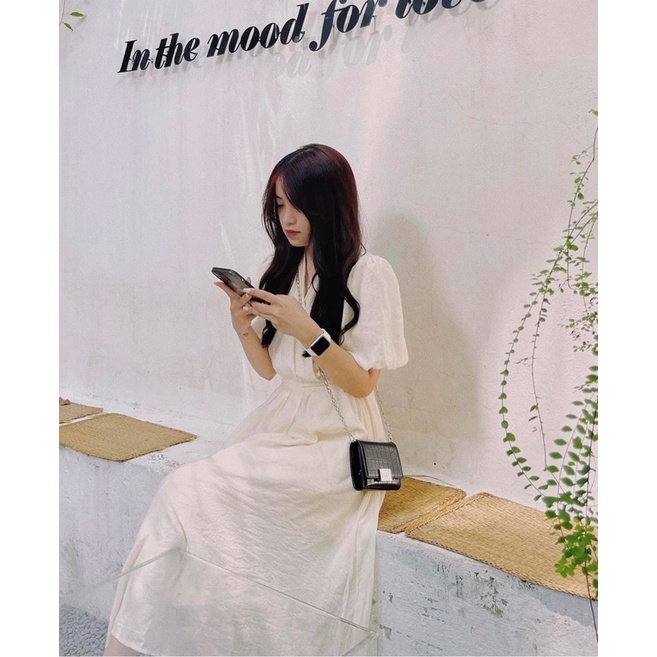 Váy đầm cổ v vạt chéo tay bồng dáng dài kèm dây buộc eo