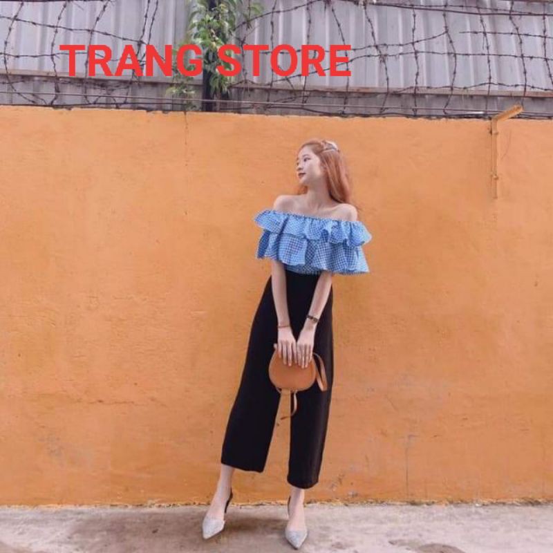 Áo caro bẹt vai 2 tầng