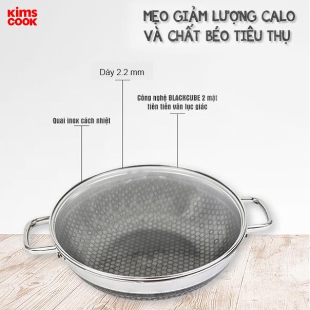 Chảo chống dính 2 mặt sâu lòng inox 304 Kimscook Blackcube 3 lớp đúc liền dòng Noon Song size 30cm, 32cm tặng 1 sạn inox