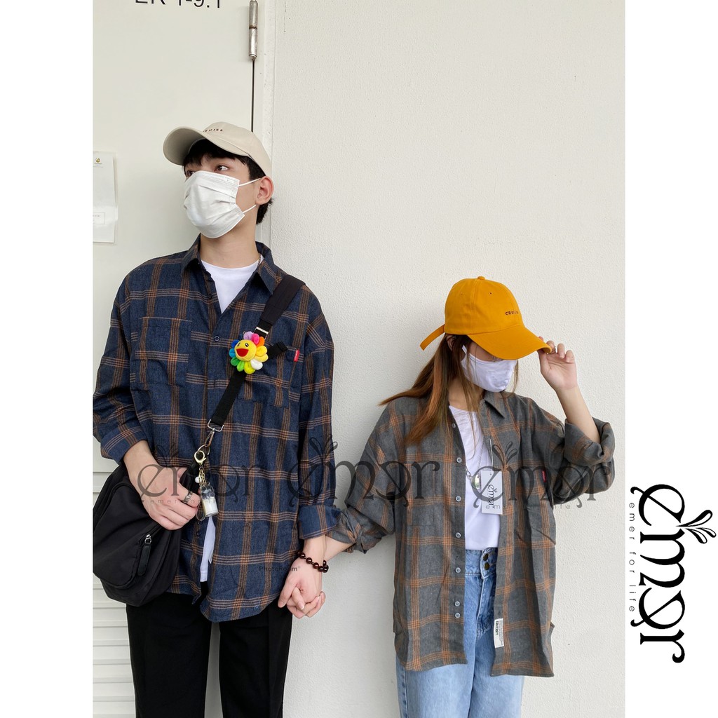 Áo Sơ Mi Nam Nữ Dài Tay Form Rộng Kẻ Sọc Caro Cổ Bẻ Unisex Oversize E'mer Phong Cách Hàn Quốc