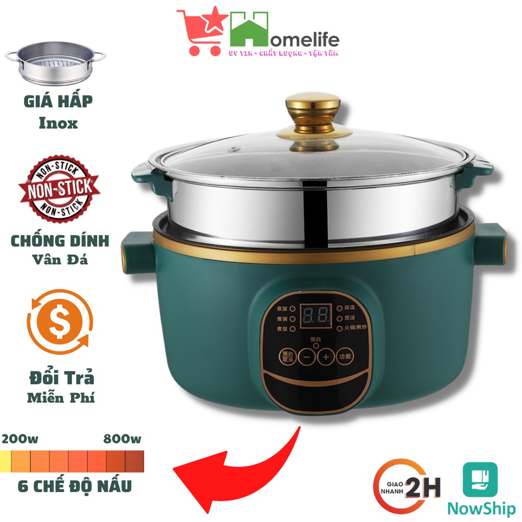 Nồi Lẩu Điện Đa Năng Chống Dính Vân Đá  ELECTRIC COOKER POT Shanban 24cm Kèm Hấp Inox Cao Cấp