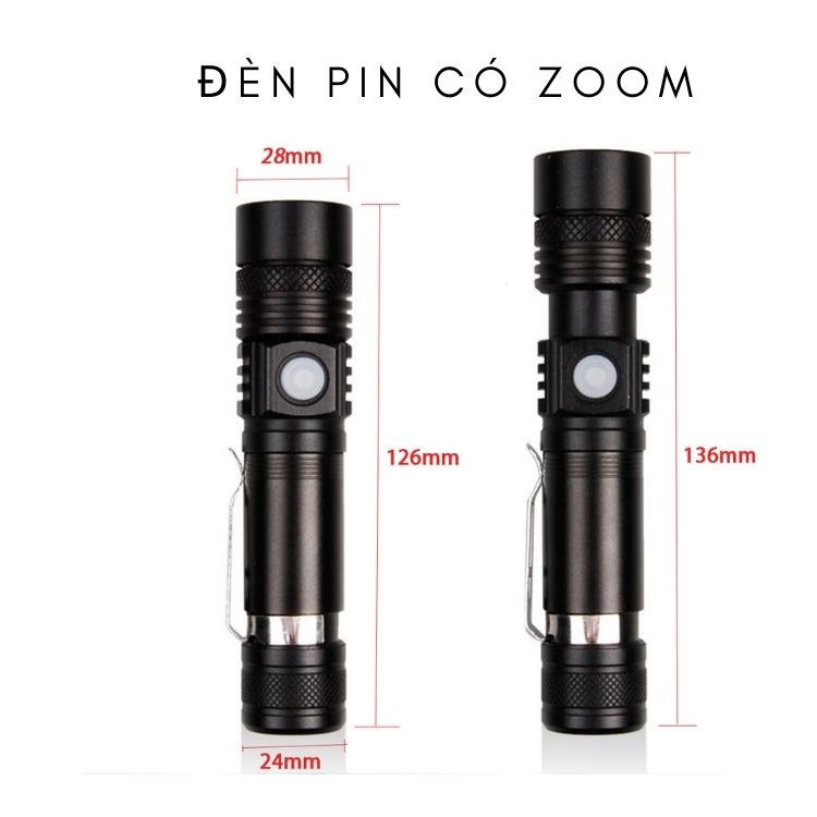 Đèn pin siêu sáng T6 cầm tay sử dụng pin sạc 18650 sạc USB micro.