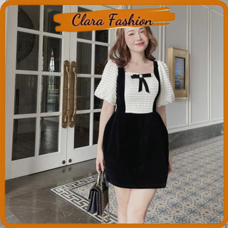 Váy nhung phối ren tay phồng kèm nơ tiểu thư clara siêu xinh