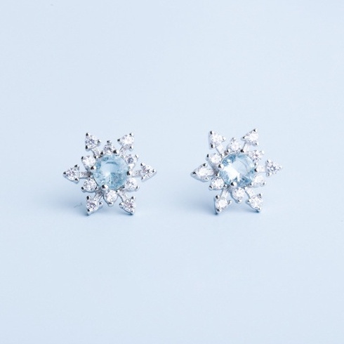 Khuyên tai nữ bạc mặt bông tuyết đá xanh màu xi bạch kim xinh xắn, sang chảnh | HARMONY ACCESSORIES K189