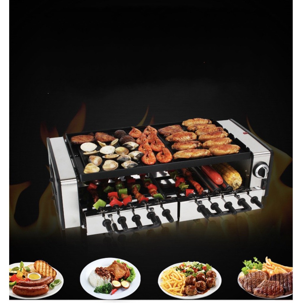 Lò nướng 2 tầng tự xoay 10 xiên BBQ Grill Auto 1600w ABS SUS304 (tặng full phụ kiện nướng) - HanruiOffical