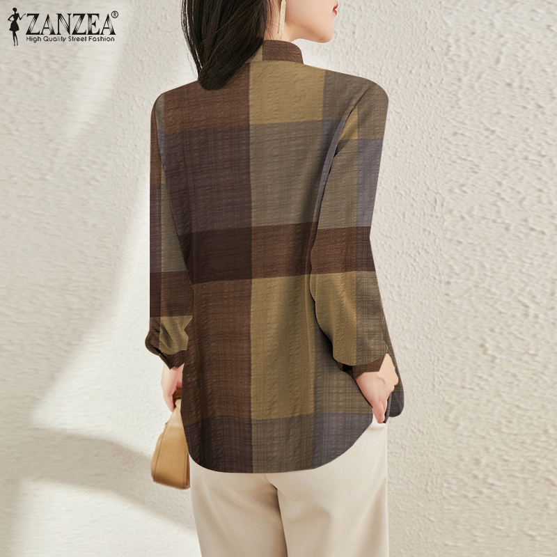 Áo sơ mi ZANZEA tay dài cổ chữ V kẻ sọc caro phong cách vintage cho nữ