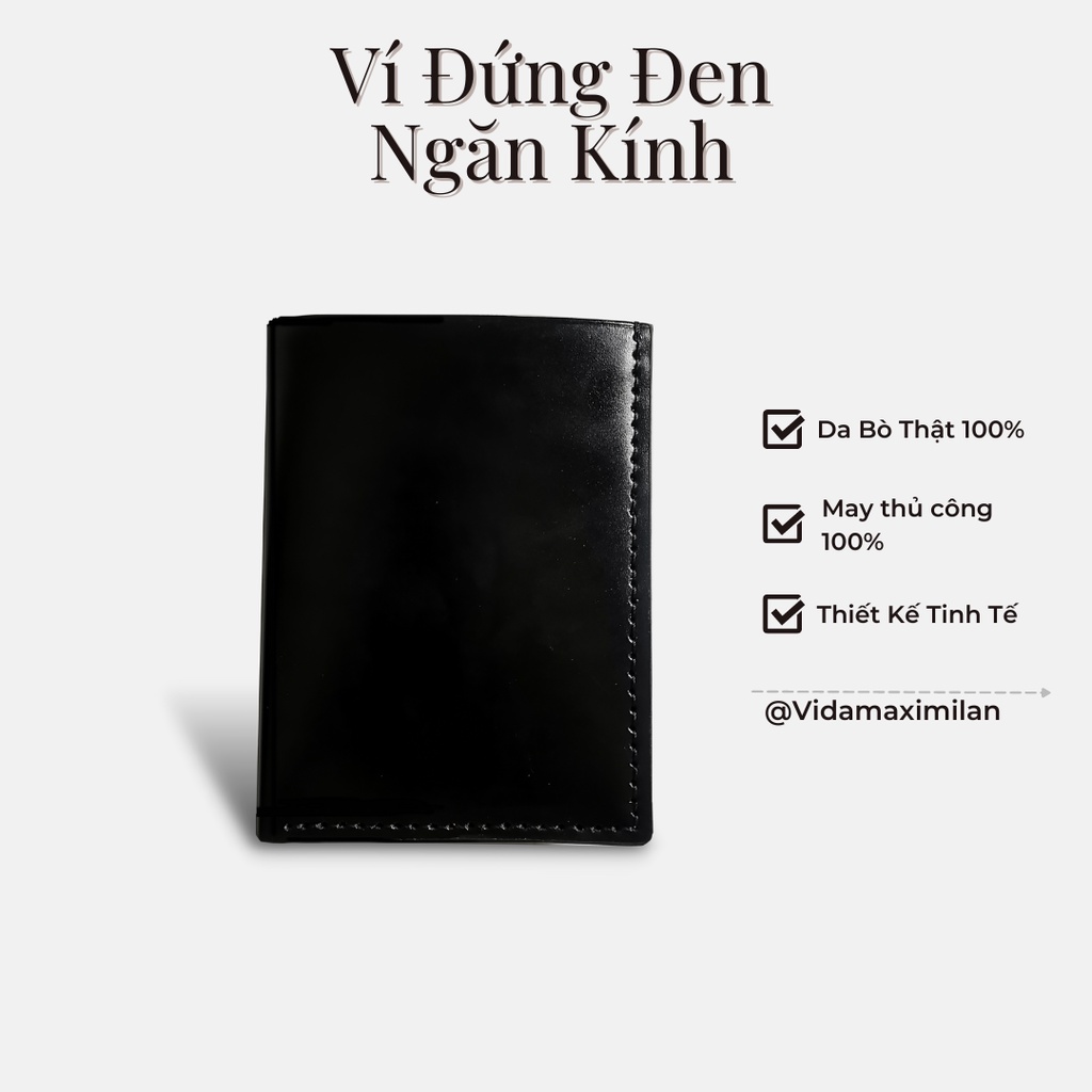 VÍ ĐỨNG ĐEN NGĂN KÍNH - Da Bò Thật 100%