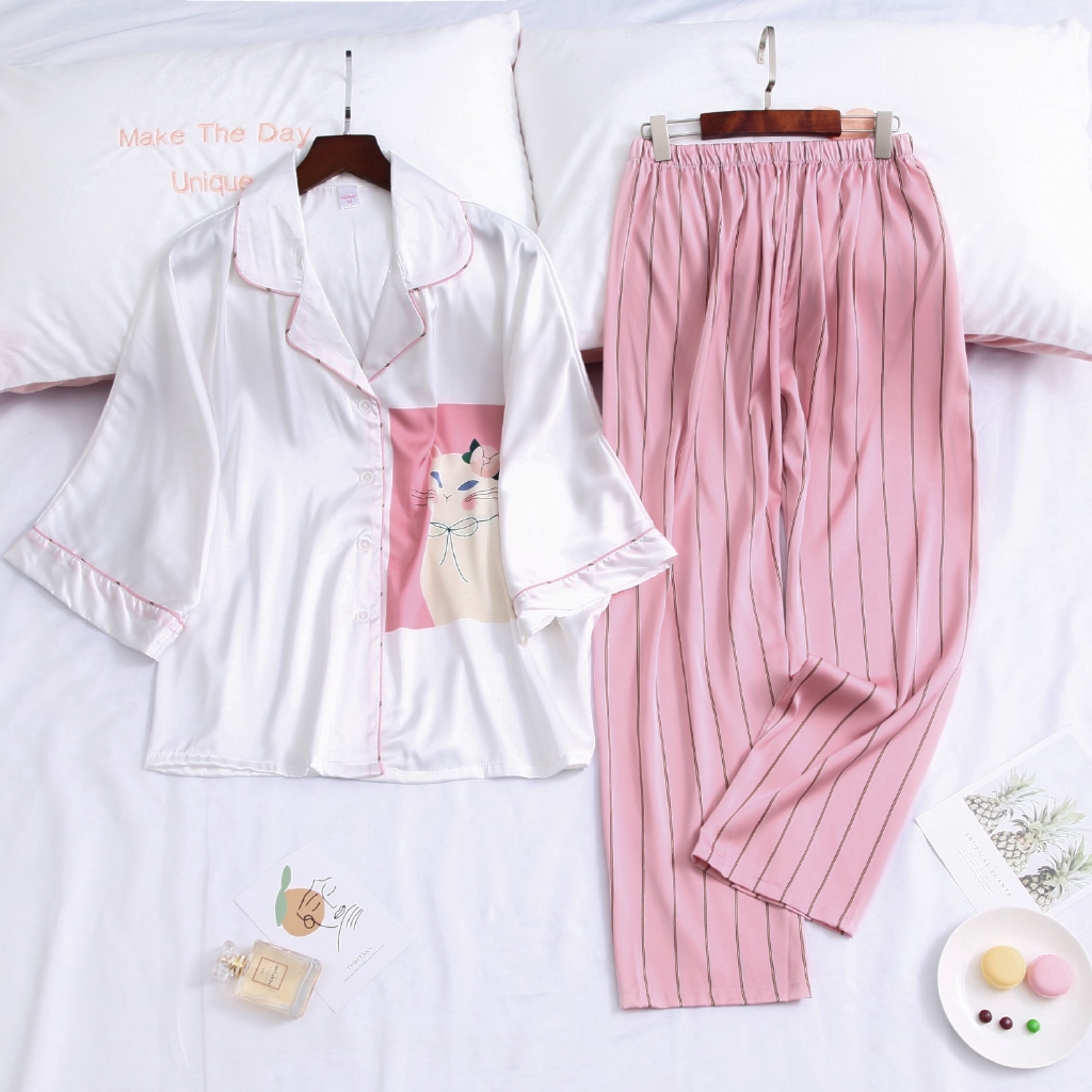 Bộ Đồ Ngủ Tay Cánh Dơi In Hình Mèo Dễ Thương Cho Nữ