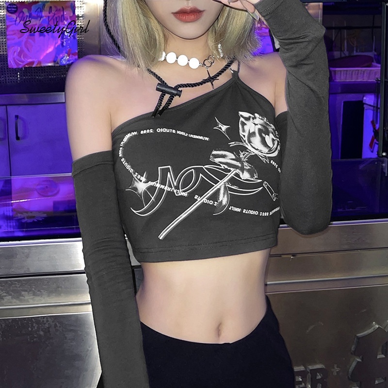 Áo Croptop Trễ Vai Tay Dài Dáng Ôm In Họa Tiết Hoa Hồng Thời Trang Cho Nữ