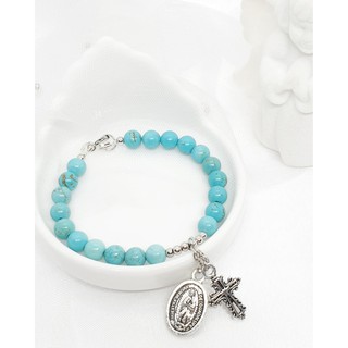 Vòng mân côi đá ngọc lam Turquoise đính mề đay Lady Guadalupe thiết kế handmade limited, phụ kiện quà tặng Công Giáo