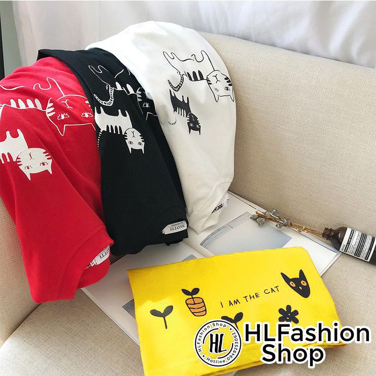 Áo thun tay lỡ form rộng 2 chú mèo ngây ngô, áo phông form rộng size HLFashion | BigBuy360 - bigbuy360.vn