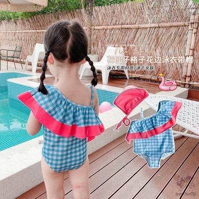 Bộ Đồ Bơi Một Mảnh Không Tay Họa Tiết Sọc Caro Kèm Mũ Phong Cách Hàn Quốc Cho Bé Gái
