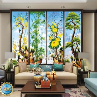 Tranh đính đá tứ quý tùng cúc trúc mai kt 146×100cm