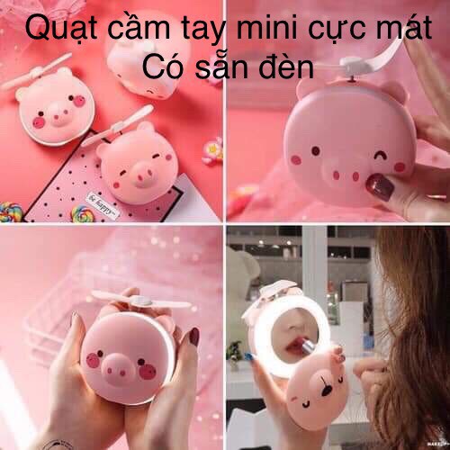 QUẠT CẦM TAY, QUẠT CẦM TAY MINI TÍCH ĐIỆN CÓ ĐÈN TIỆN LỢI HÌNH CON HEO XINH SẮN