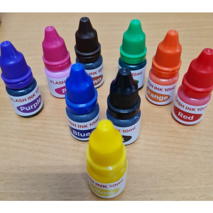 Mực đóng dấu màu tím, vàng, hồng, xanh lá, cam... Flash ink 10ml