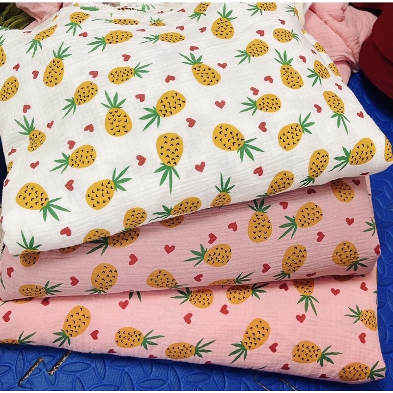 vải xô muslin mềm mát quả dứa phối tim