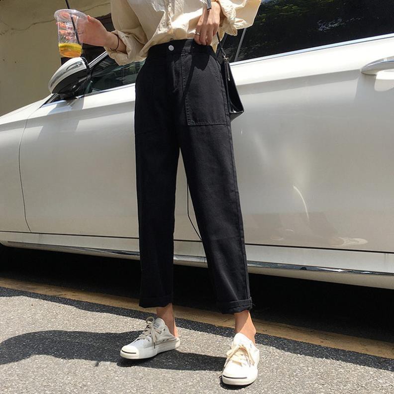 Quần ulzzang quần jean nữ đẹp ống suông đen quần bò ống rộng baggy cạp lưng cao chun jeans !