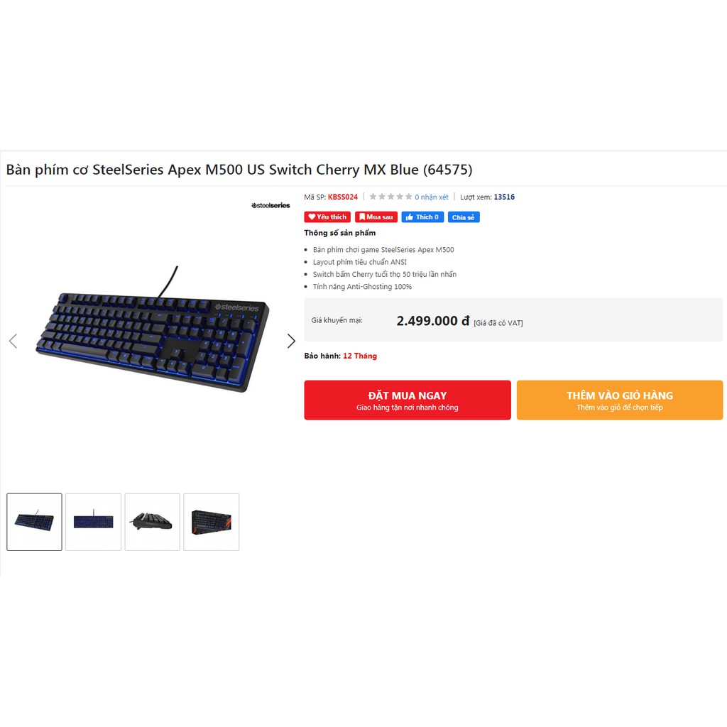 Phím cơ SteelSeries Apex M500 US Switch Cherry MX Blue (64575) cao cấp thanh lý