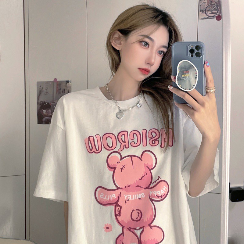 Áo Thun Tay Ngắn Cổ Tròn Dáng Rộng In Họa Tiết Hoạt Hình Dễ Thương Cho Nữ