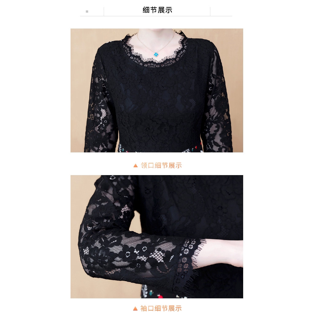 Ready Stock 5XL Korean Fashion Black Lace Long Sleeve Women Plus Size Midi Dress Casual Midi Dresses