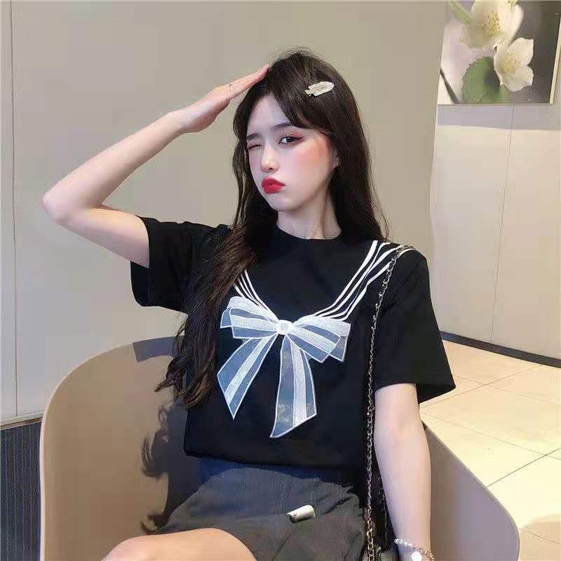 Áo Thun Đen Tay Ngắn Dáng Rộng Phối Nơ Thời Trang Mùa Hè