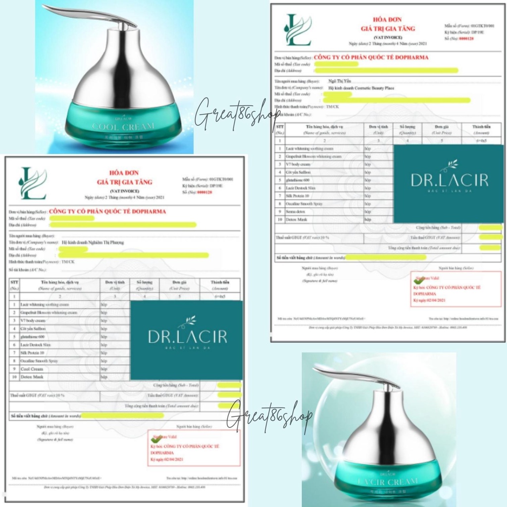 Kem dưỡng trắng da Dr Lacir Great86 kem chống nắng, che khuyết điểm Cool cream, chống lão hóa, kem ngày đêm Dr Lacir