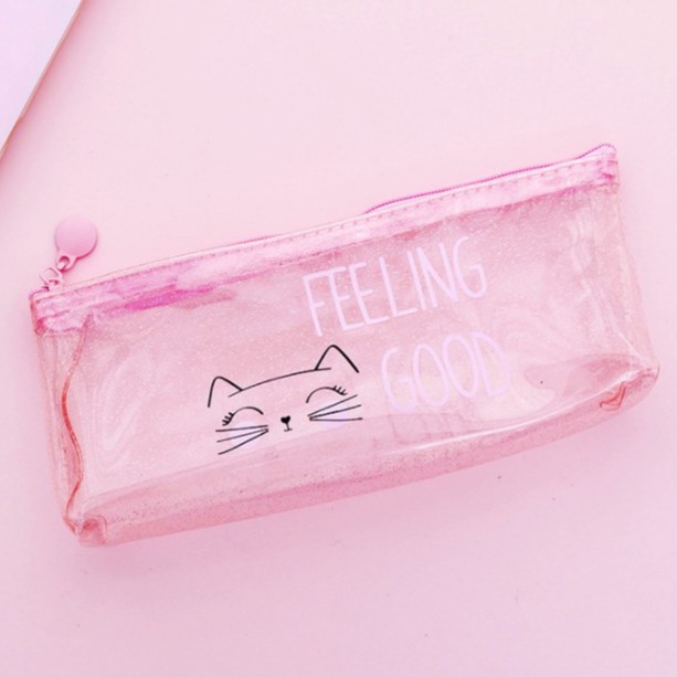 Hộp bút trong suốt nhũ kim tuyến dễ thương họa tiết Mèo Pink màu hồng cute BMBooks