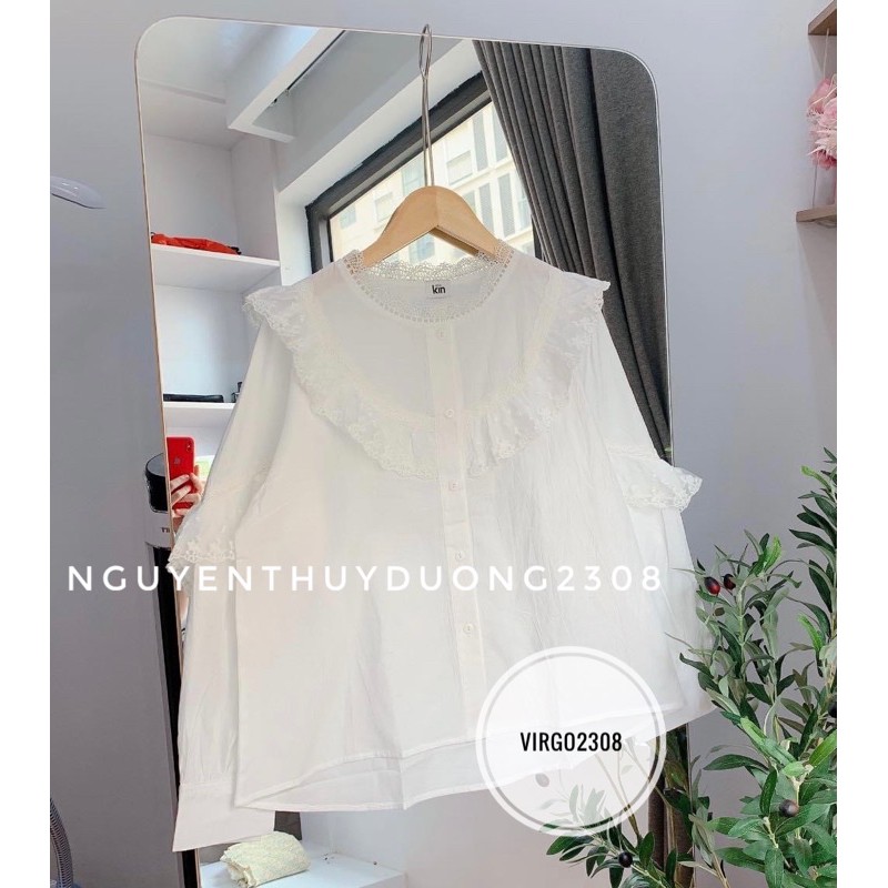 [Ảnh thật/Video/Sẵn]Áo sơmi cổ tàu viền ren ngực tay ulzzang