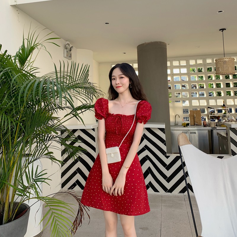 [VD092] Đầm chữ A cổ vuông chấm bi (có ảnh thật)