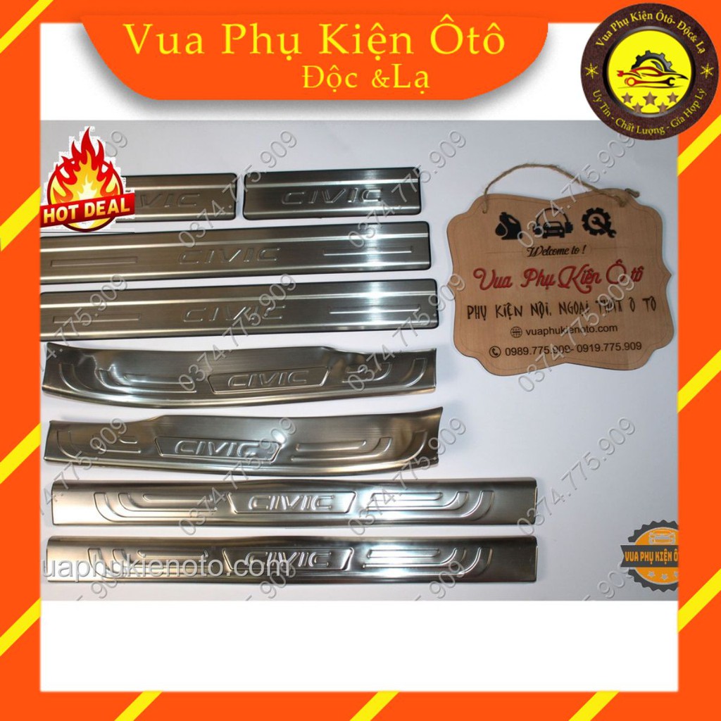 (TẶNG THÊM 2 cuộn băng keo 3M) Ốp bậc cửa Honda Civic 2016- 2020 -Bộ 8 miếng inox trong ngoài