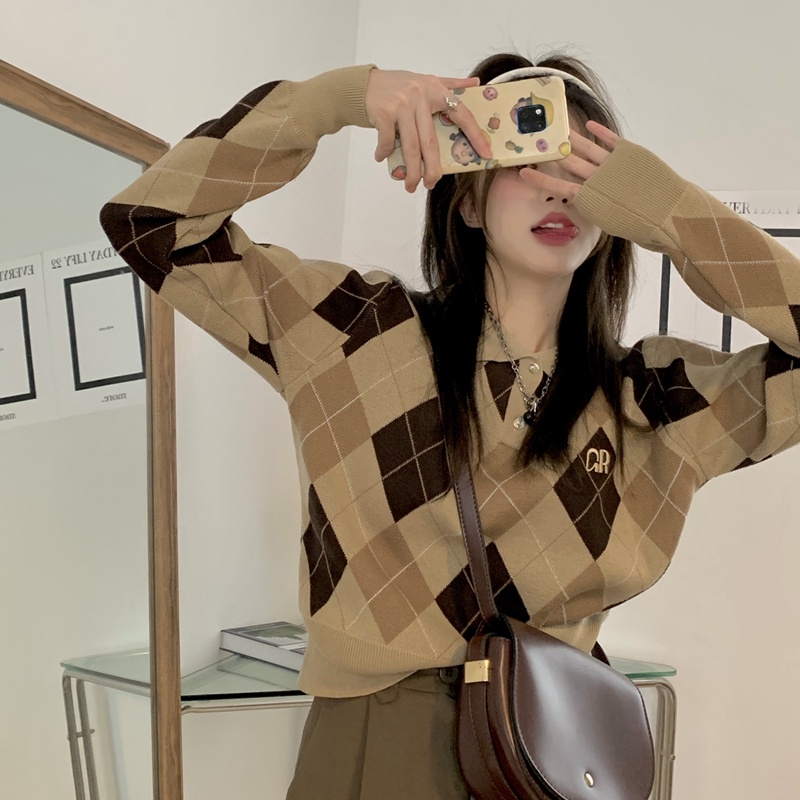 Áo len ZHELIHANGFEI dệt kim tay dài dáng rộng cổ polo họa tiết hình thoi dễ thương cho nữ