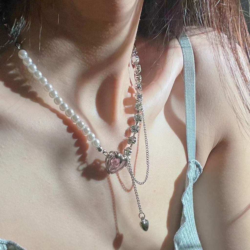 Vòng cổ Mặt Trái Tim Đính Đá zircon Hồng Thời Trang Cho Nữ