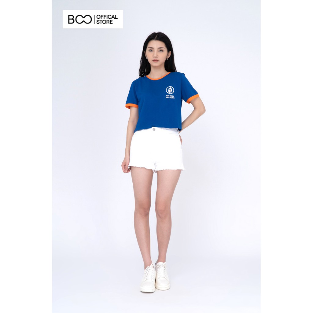 Áo Croptop Nữ BOO Form Rộng 100% Cotton Màu Xanh Coban Hottrends In Hình Bỏ EX Phối Viền Tay Cam