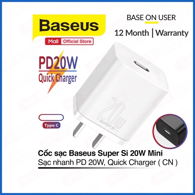 Sạc nhanh ip20w chính hãng Baseus cho ipho13promax 13pro 12pro 12 11pr xs xsmax 8plus