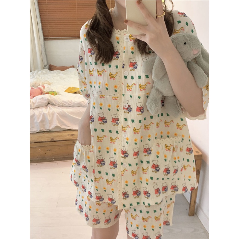 Bộ Đồ Ngủ Tay Ngắn Dáng Rộng Phối Ren In Hoạt Hình Gấu Dễ Thương Thời Trang Mùa Hè Cho Nữ