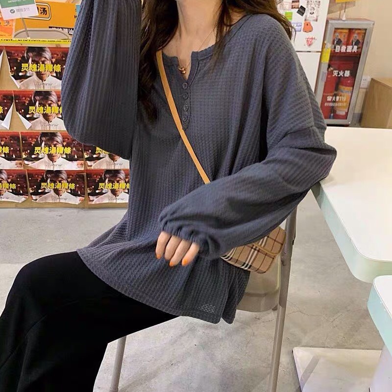 Áo Ulzzang Thun Len Mỏng Tay Bo Cúc Cài Dáng Rộng Cổ V 3 Màu - G091