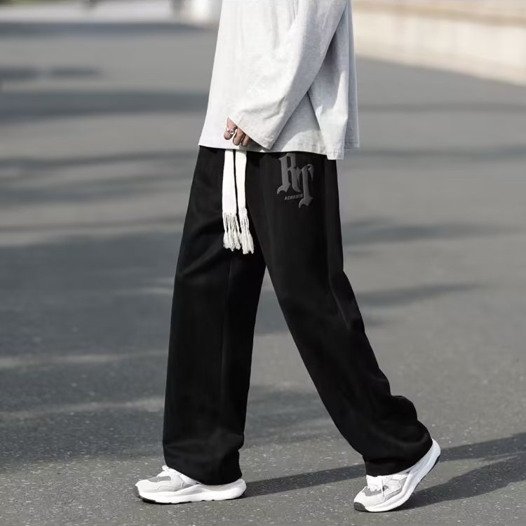 Quần âu nam Phong cách Hàn Quốc thời trang da hươu lông cừu nam giản dị thẳng quần cổ điển rt chữ in unisex dây rút ống rộng quần bình thường