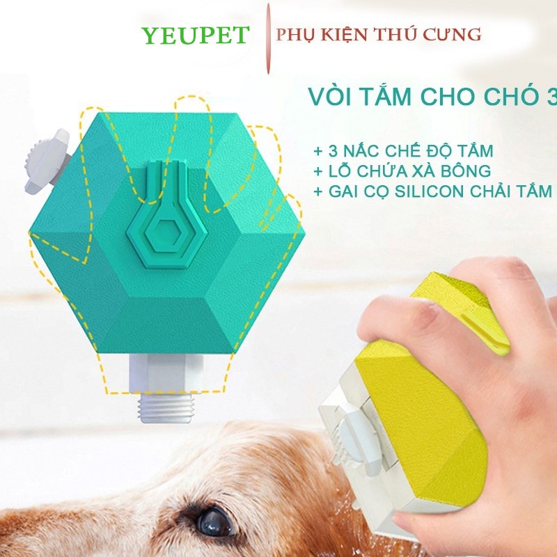 Vòi tắm cho chó 3 trong 1 - tắm, trà lông, khe xà bông tắm gai silicon mềm mại- YEUPET