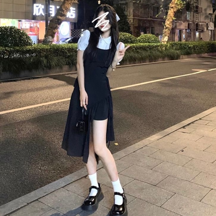 Đầm MURIOKI tay ngắn phồng màu đen phong cách Nhật Bản đi học xinh xắn dành cho nữ