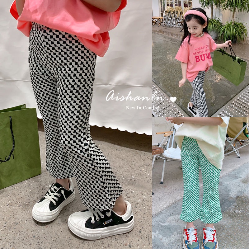 Quần Dài Ống Loe Họa Tiết Houndstooth Phong Cách Phương Tây Thời Trang Mùa Hè Cho Bé Gái