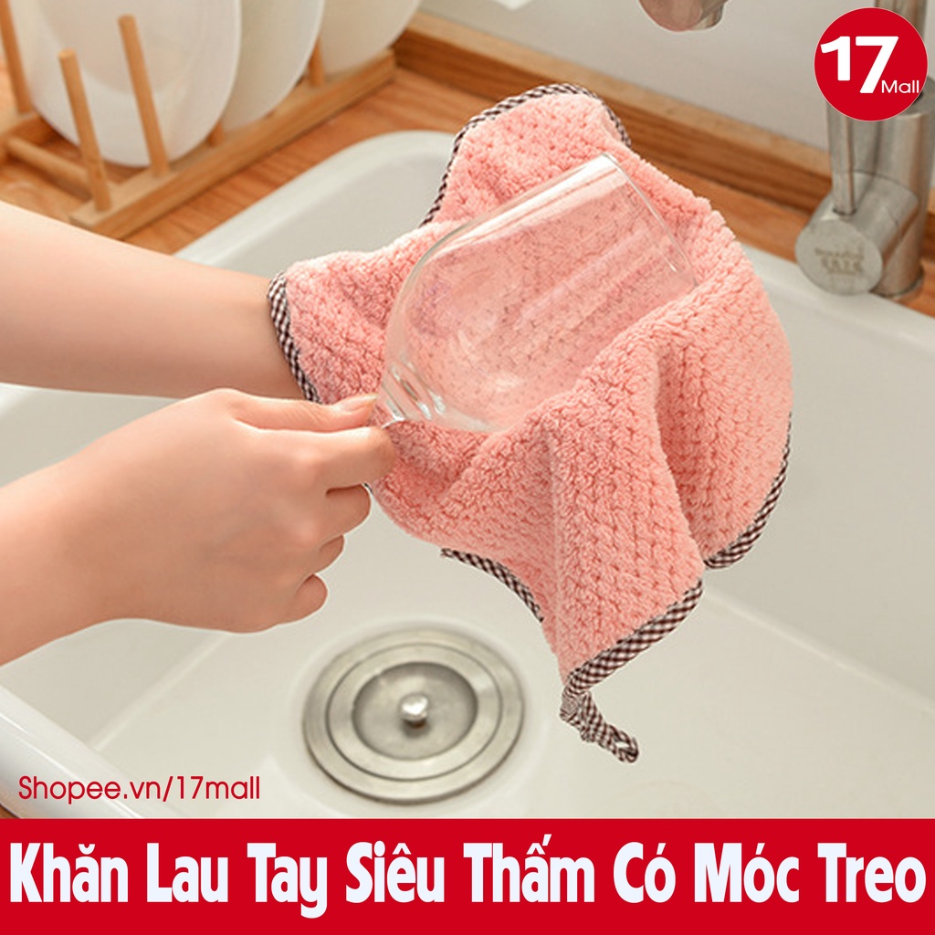 Khăn lau tay nhà bếp siêu thấm, nhanh khô, có móc treo mềm mịn, khăn lau đa năng vuông 🛒17Mall