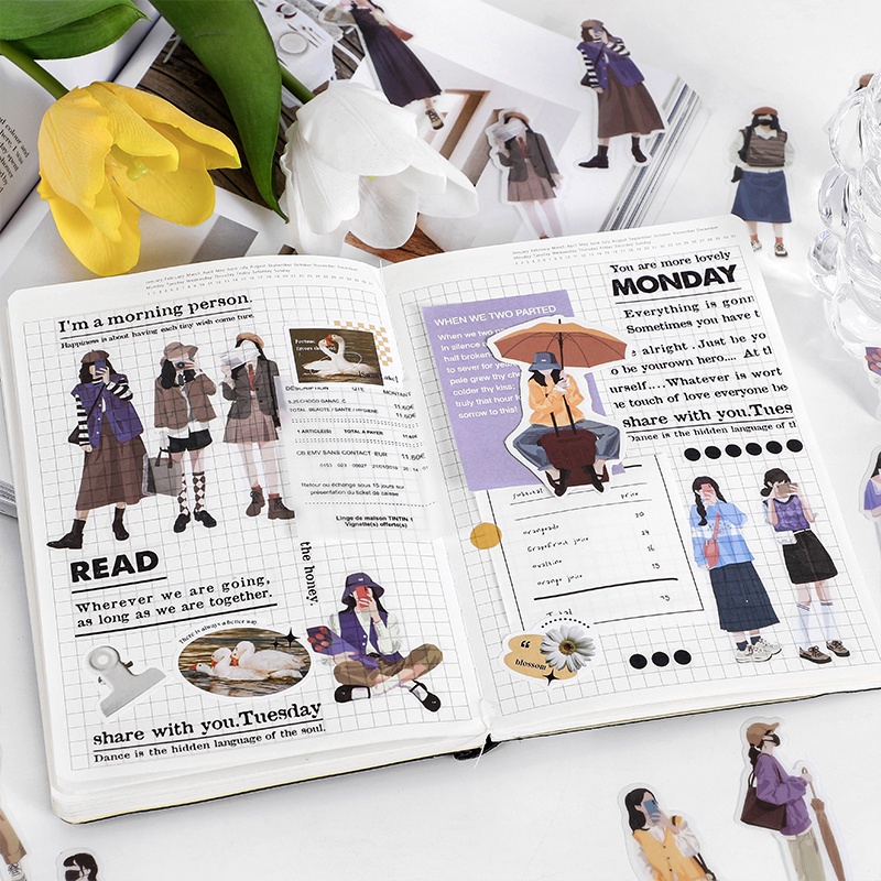 Set 40 Sticker Giấy Washi Họa Tiết Cô Gái Dễ Thương Trang Trí Sổ Tay/Sổ Tay