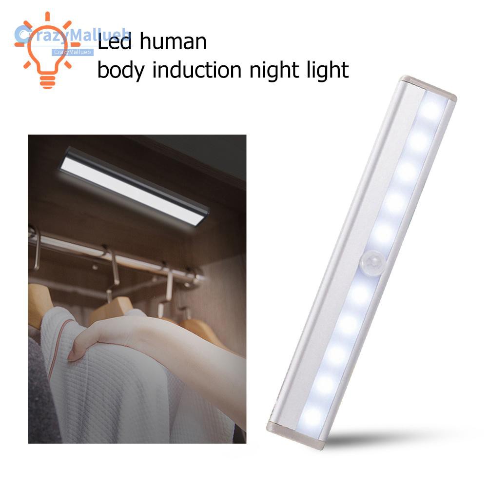 Crazymallueb❤4Pcs 10 LED Motion Sensor Wireless Battery Powered Closet Lamp Cabinet Night Light Portable White Light