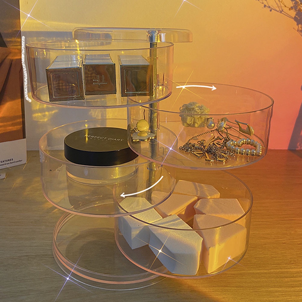 Hộp Đựng Trang Sức Trong Suốt Bốn Tầng Dạng Xoay Chống Bụi Để Bàn