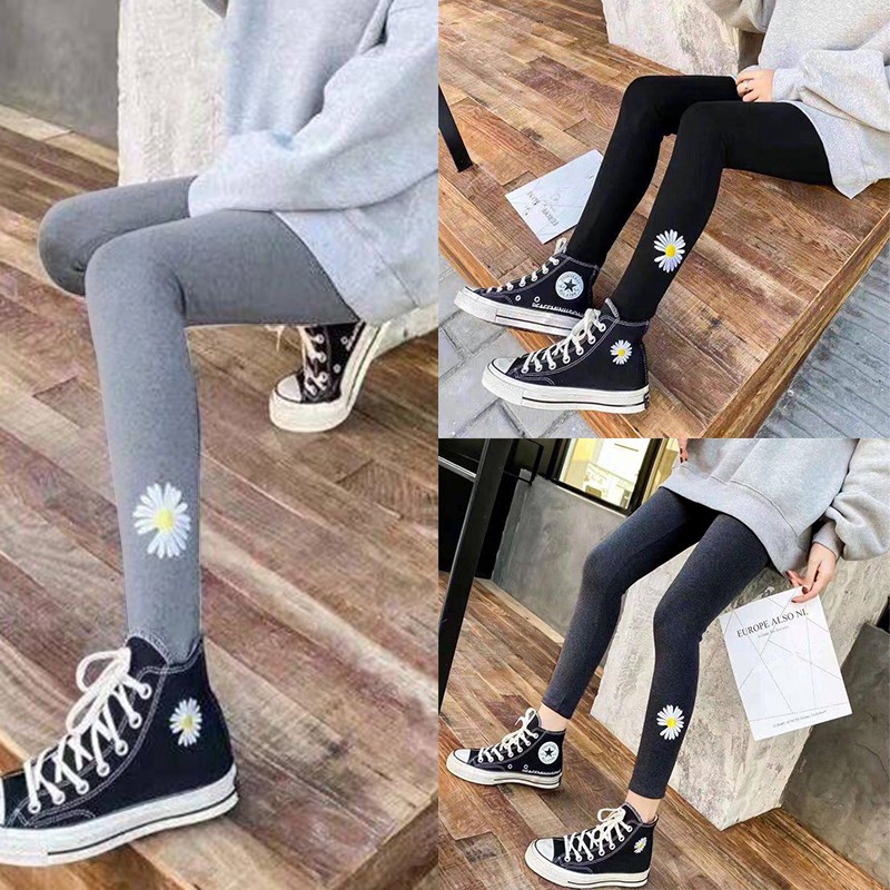 [Baywellfashion]Women Casual Daisy Embroidery Leggings Stretchy Elastic Pencil High Waist Feet Trousers