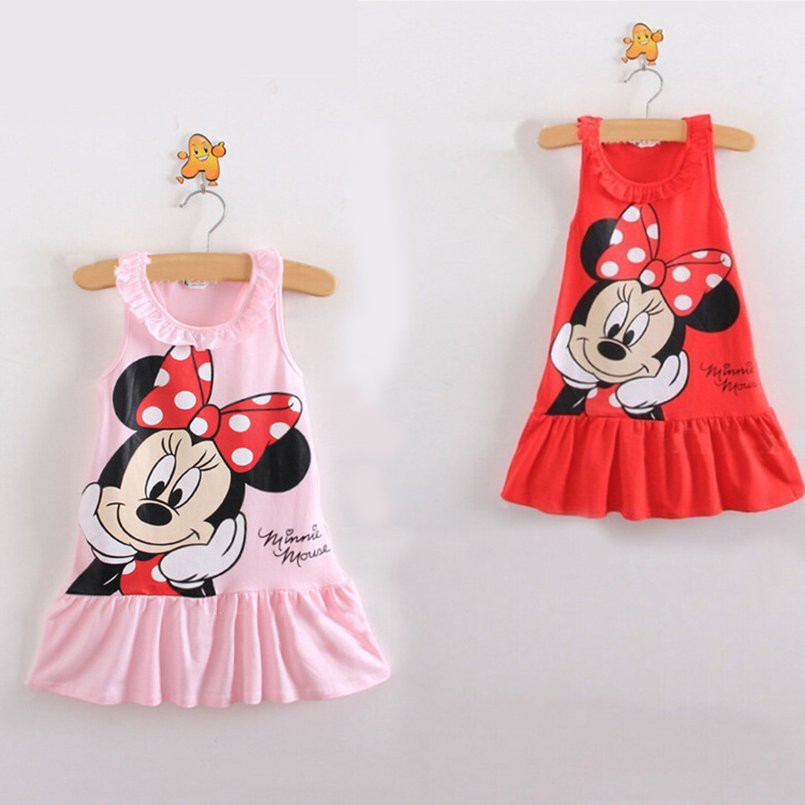 Đầm Công Chúa Không Tay In Hình Chuột Mickey Minnie Cho Bé Gái