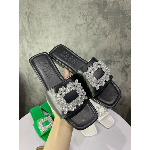 dép lê nữ quai ngang đính hoa đá da lì cao cấp