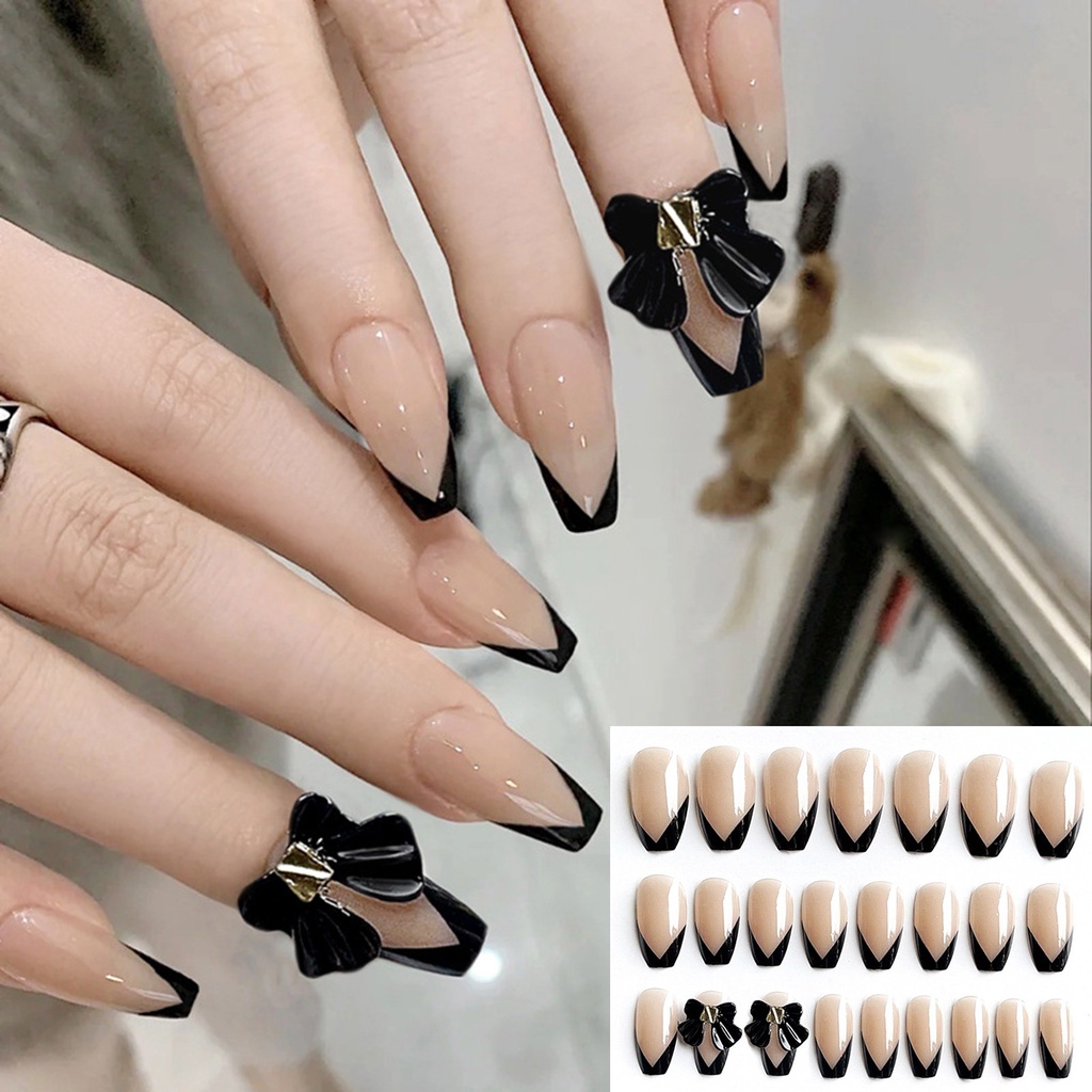 Hộp 24 Móng Tay Giả Màu Đen Có Thể Tháo Rời Thời Trang Cho Nữ