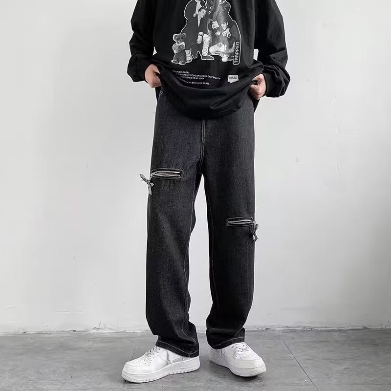 quần jeans đen lưng cao ống loe xẻ tà phong cách hàn quần ống rộng nam quần đôi thời trang micro flare thông thường